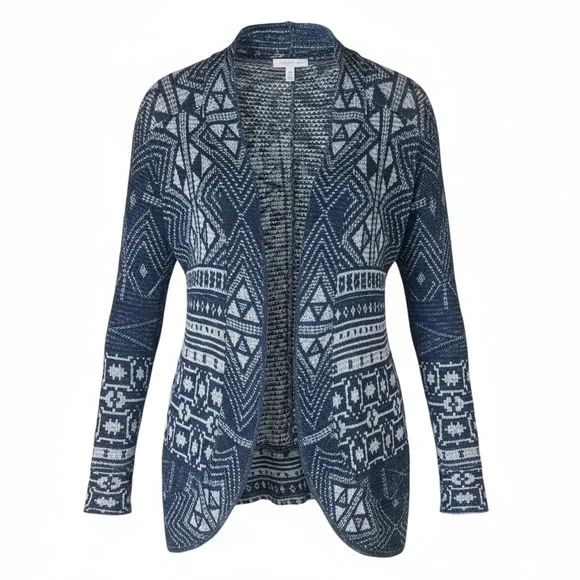 Eyeshadow Blue White Geometric Open Front Cardigan Lightweight Raglan Sleeve M - Picture 2 of 9